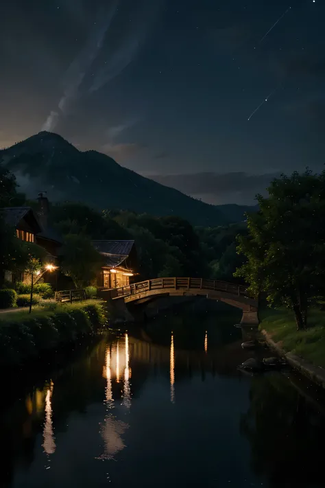 Best quality,4k,8K,A high resolution,Masterpiece:1.2,ultra detailed,Realistic,photoRealistic:1.37,Moonlight night,Majestic mountains,Twinkling stars,Calm River,flickering reflection,charming village,Cozy houses,peaceful atmosphere,enchanted landscapes,Coun...