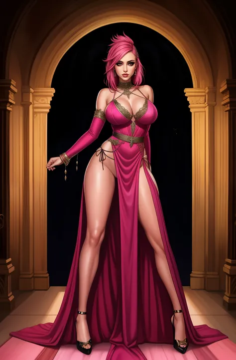 punk sorceress, long dress, leg slit, pink panties