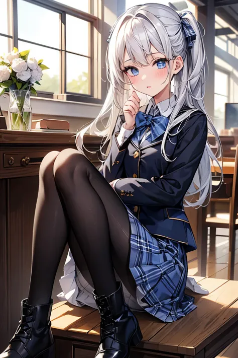 masterpiece, best quality, {best quality}, {{masterpiece}}, {high resolution}, girl，student，Uniforms，jk ，blue plaid skirt，white hair，cute，1girl，Small black boots，white pantyhose，beauty，big blue eyes