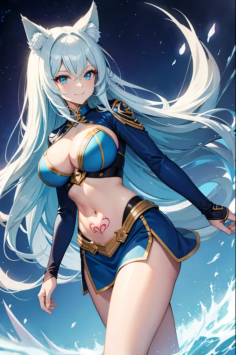 (sexy중년여성:1.2), long white hair, turquoise eyes, fox ears, superhero uniform, blue flame, open your stomach, (tattoo on stomach), Neckline on the chest, laugh, masterpiece, high quality , (alone) ,sexy