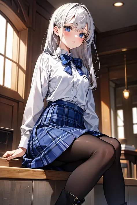 masterpiece, best quality, {best quality}, {{masterpiece}}, {high resolution}, girl，student，Uniforms，jk ，blue plaid skirt，white hair，cute，1girl，Small black boots，white pantyhose，beauty，big blue eyes