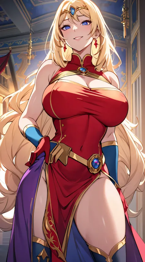 Lian, long blonde hair, hair stick, bangs, blue eyes, solo, smiling, standing, upper body, hips, bare shoulders,purple thighhighs, red dress, gold jewelry,armor,gloves,circlet, cleavage, red and gold royal castle, gigantic breasts, (best quality, masterpie...