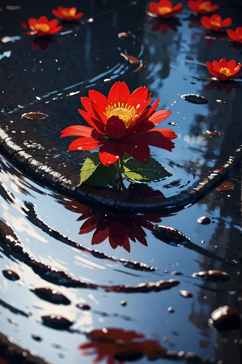 Red flower, beautiful, dark and blurred background, focus on flower, reflection of flower on ground, rain, masterpiece