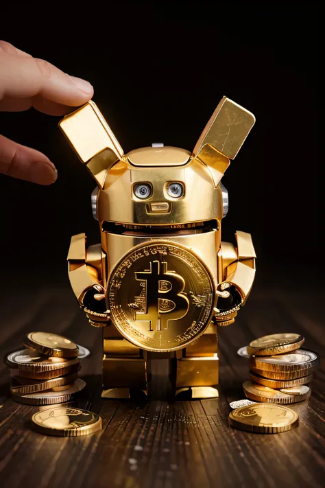 The image of a robot with bitcoin gold coins in its hands