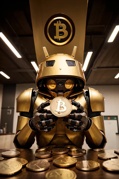 The image of a robot with bitcoin gold coins in its hands