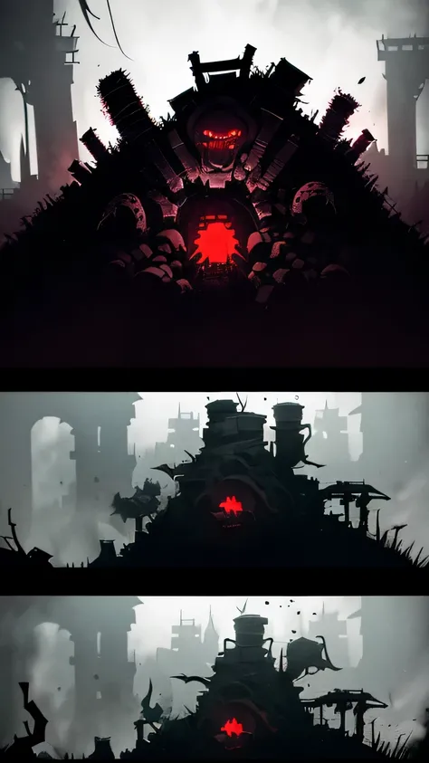 (((Darkest Dungeon game style))), ((Biopunk art of dark tentacles)), Biopunk girl, destroyed mramor statue, metal and wood, hopeless art, dark art, dystopian art, ((dark biopunk)), dark oily liquids, devastated environment, Gloomy landscapes, highly detail...