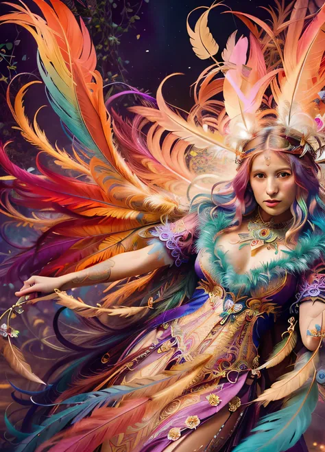 a close up of a woman with colorful hair and feathers, colorfull digital fantasy art, realistic fantasy illustration, alphonse mucha and rossdraws, detailed fantasy digital art, intricate colorful masterpiece, detailed realistic photo, a beautiful cinemati...