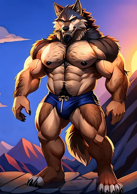 Human-wolf，musculous，Hairy all over，clawed paws，erect through