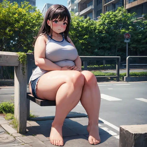 ultra high resolution, Are fat, girl, Asian, ugly face, thick legs, Chubby below the knees, Chubby calf, thick ankles, chubby arms, shorts, many pores, I can see the pores, fine skin texture, daytime, sitting with legs apart on the sidewalk, full body shot