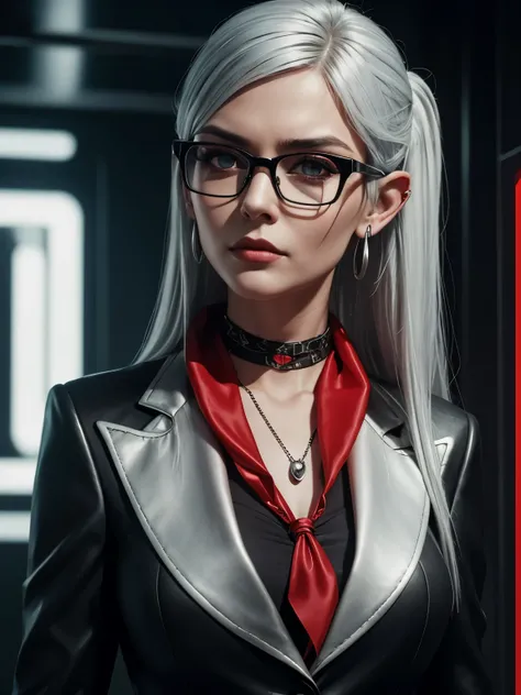 Woman with pointed ears, narrow face, silver hair and glasses, suit (black with golf strings) with low neckline, arrogant, red handkerchief, cigarette, cyberpunk 