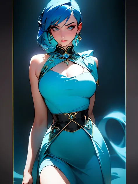 high quality, high detail, 1woman, beautiful woman, blue hair, blue dress, ((arms down)), beautiful face, beautiful figure, seductive pose