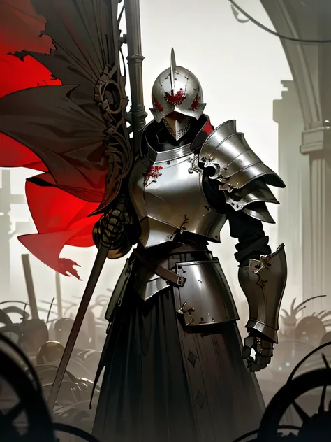 (((dark fantasy art))), Human skeleton, white bones, empty eyes, windings, (Broken armor), tarnished armor, holey armor, less armor, round iron helmet, (red comb), closed worn holey helmet, alabaster shoulders, gold fringe, Iron Breastplate, holding a brow...