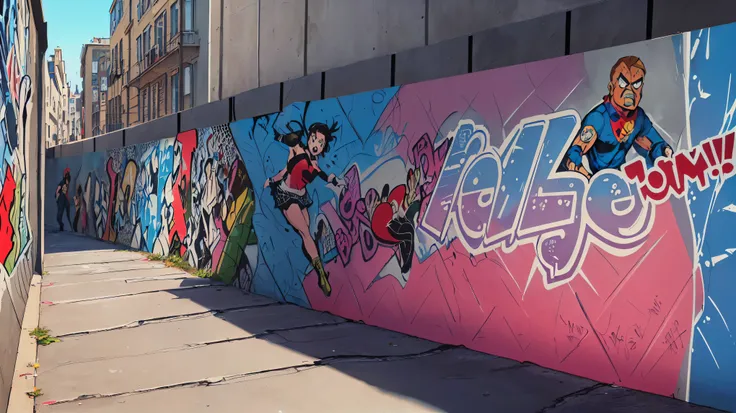  High quality, high res, masterpiece, graffiti art, (city street, ((wall sectioned as comic panels)), comic characters:1.2 , speech balloons:1.2) , people passing by