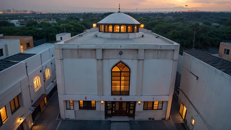 the mosque seen from above, the background of orange clouds in the sunset