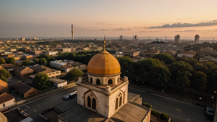 the mosque seen from above, the background of orange clouds in the afternoon