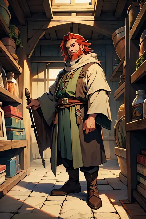 dwarf , Height 110 centimeters , Green eyes , Wizard , Dressed like a merchant , Wizard , young , Red hair