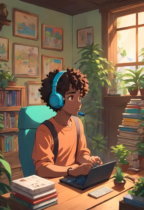 menino negro com cabelo curto e cacheado usando fone de ouvido para jogos. he is playing on her gaming pc. her room is cozy with lots of books and plants. he is wearing corset clothes. he has a sad facial expression. your ears are pierced with beautiful ea...