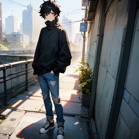 1male, Jeans , Sneakers , Baggy White Turtleneck Sweater,Modern City Background, Black Hair , Smiling Expression , Black Eyes, Messy Hair , Standing on sidewalk