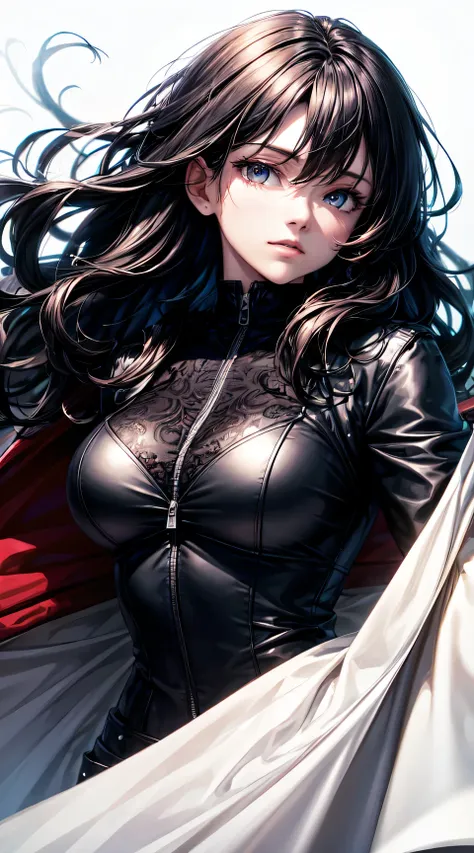 (best quality:1.5, highres, UHD, 4K, detailed lighting, shaders), black wavy hair, large breasts , woman jacket, long coat, (pov), full ody, white background