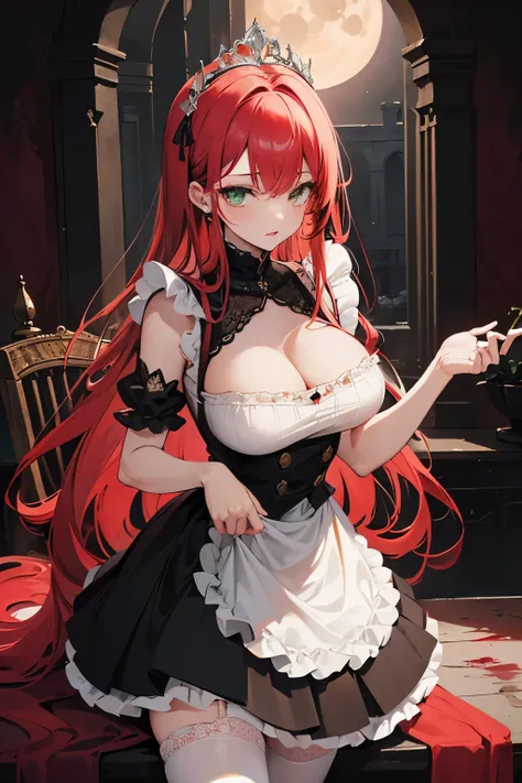 Masterpiece, best quality, finely detailed, high resolution, extremely delicate and beautiful, (a woman), (with vibrant red hair, mesmerizing green eyes, red lips, slim waist, and voluptuous breasts and hips), (dressed as a French maid with a white tiara, ...