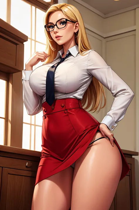 breasts, curvy, blond hair, long hair, glasses, tight clothes, white shirt and tie, panties, red short skirt