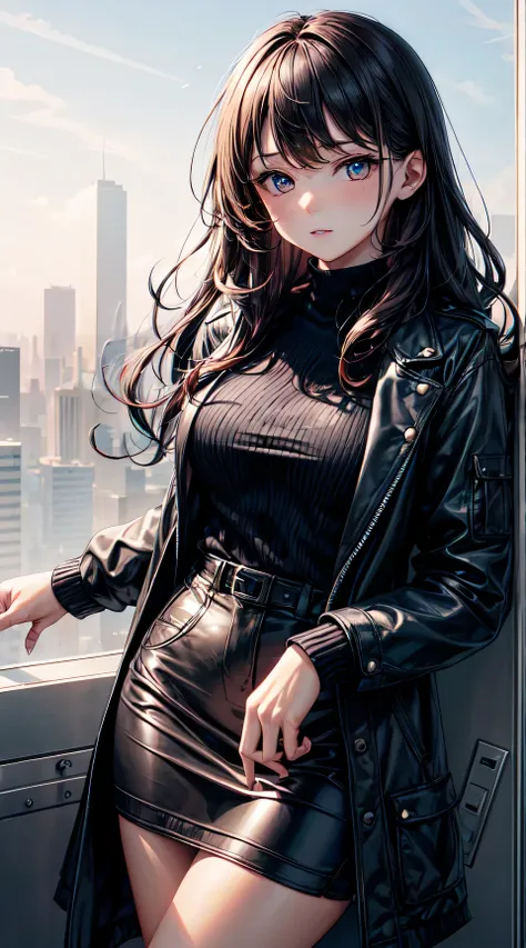 (best quality:1.5, highres, UHD, 4K, detailed lighting, shaders), black wavy hair, large breasts , woman jacket, long coat, (pov), Portrait, white background