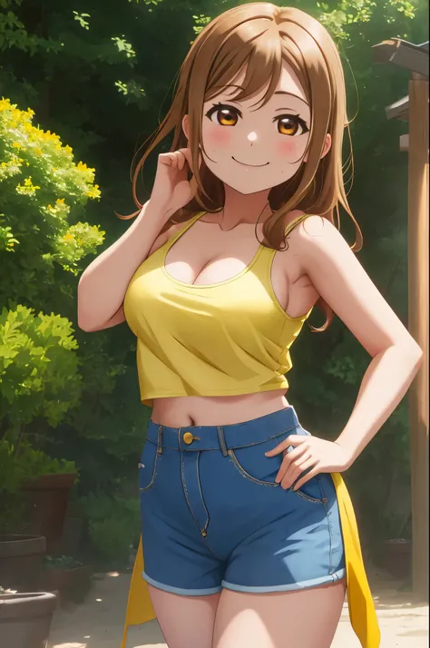 masterpiece, best quality, solo, cowboy shot,kunikida hanamaru, no bra ,(chibi), curvy body, white tank top, yellow yoga pants , outdoor, standing,hand on hip, closed mouth, smile 