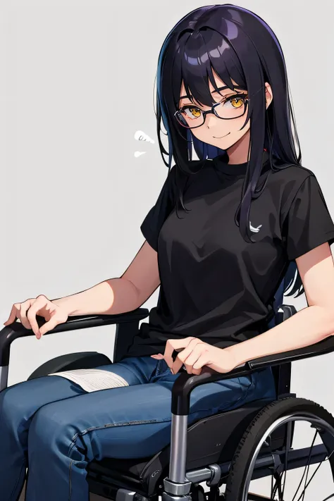 1 girl, black long disheveled hair, Yellow eyes, flat chest, blue jeans, red glasses, smiling, sports wheelchair