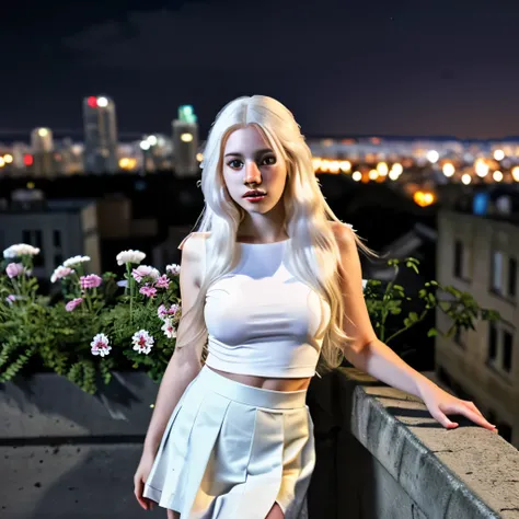 realistic picture, a girl, long white hair, top, skirt, open lips, background of the city at night, around her there are flowers,