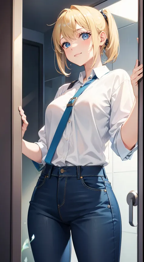 Young girls, blond with short hair, high ponytails, eBlue eyes, ssmile, Blue skinny shirt, denim pant, open shower room, Two swords, fly by rope, tmasterpiece, high high quality, 4K, k hd, Nice details