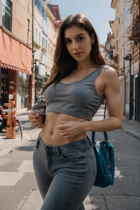 arafed woman in a gray top and jeans standing on a street, perfect body, perfect body and face, better known as amouranth, photorealistic perfect body, beautiful body and face, perfect face and body, sexy girl, attractive body, wearing a cute top, perfectl...