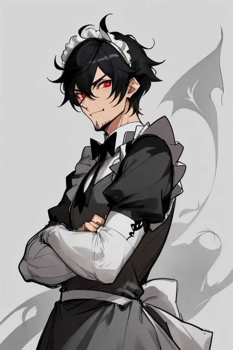 a drawing of a man in ((french maid dress)), concept upperbody art, ((black hair)), ((black demonic eyes)), stubble, bristle, male character design, trigger anime artstyle, detailed character portrait, rossdraws, anime style character, detailed character a...