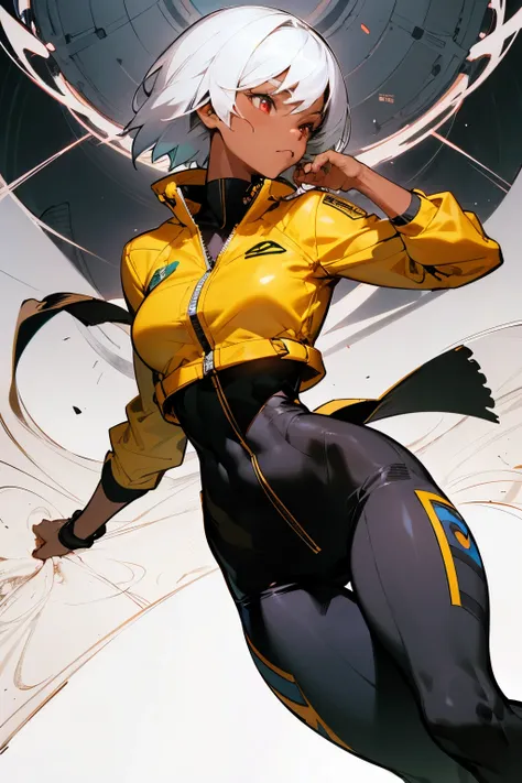 Muscular black woman in skin tight clothes, white hair, tight yellow jacket, red eyes, black cargo pant, AB Xcover, intricate pencil sketch, expressive eyes and nose and mouth, un-zoom, by Jim Lee profile centered Key visual intricate highly detailed breat...