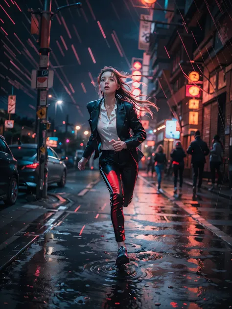 (best quality),(realistic),(masterpiece),(realistic lightning),(photorealistic) (HDR), (16K),(cinematic style), (cinematic light), a one beautiful girl, ((in a black suit jacket. white shirt and black trousers)), wet clothes, ((running down a night street)...