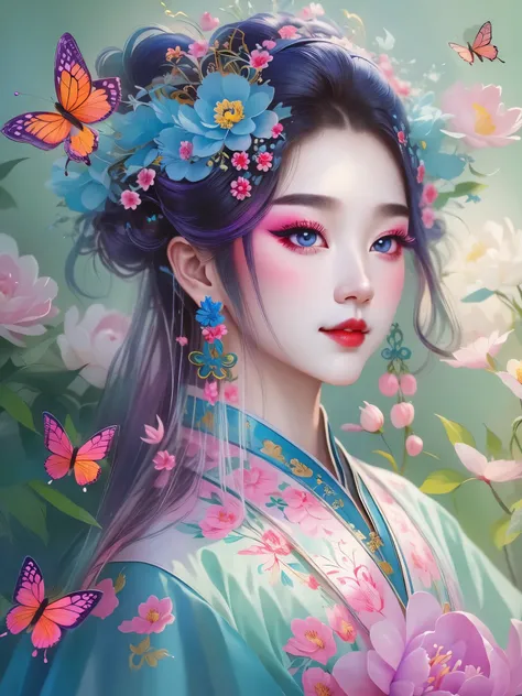 (masterpiece, best quality:1.2,lifelike:1.37), antiquity,Chinese style illustrations:1 girl, portrait,alone,Detailed drawing of eyes,eyelash,blush,shut up and smile,long hair,Exquisite makeup,Exquisite headdress,blue华丽的汉服,Garden background blurred,Simple,g...