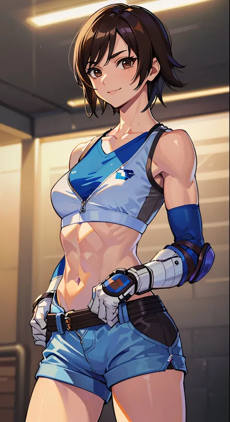 "(masterpiece、premium quality:1.2)、alone、1 girl(Asuka Kazama、muscular woman、short brown hair、white skin、brown eyes)、cowboy shot、smile、put your hand on your waist、tight clothes、sports bra、crop top、shorts、(gloves:1.1)、internal、elbow pad、trained abdominal mus...