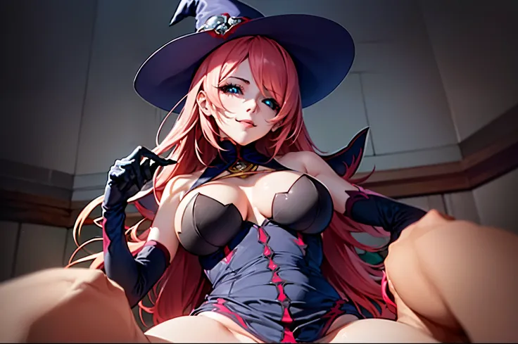 (masterpiece, best quality, high resolution),  (ninems),hat, witch hat, gloves, shoulders, thighhighs, black legwear,  ((happy,blue eyes,paizuri pov, 2girl,hetero, penis, breasts  squeezed together))