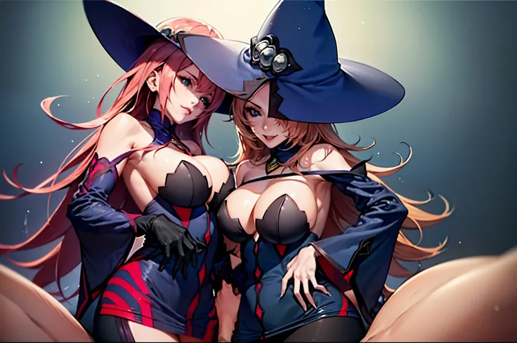 (masterpiece, best quality, high resolution),  (ninems),hat, witch hat, gloves, shoulders, thighhighs, black legwear,  ((happy,blue eyes,paizuri pov, 2girl,hetero, penis, breasts  squeezed together))