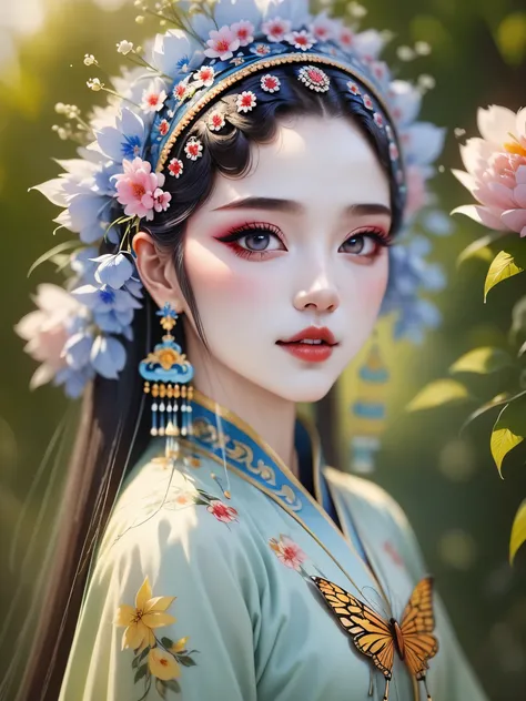 (masterpiece, best quality:1.2,lifelike:1.37), antiquity,Chinese style illustrations:(1 girl,bust ),exquisite facial features,Detailed drawing of eyes,eyelash,blush,laughing out loud,long hair,Exquisite makeup,Exquisite headdress,blue华丽的汉服,Garden backgroun...