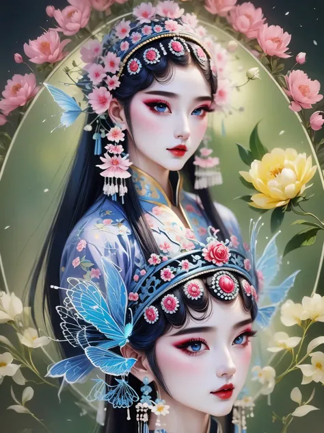 (masterpiece, best quality:1.2,lifelike:1.37), antiquity,Chinese style illustrations:(1 girl,bust,portrait ),exquisite facial features,Detailed drawing of eyes,eyelash,blush,long hair,Exquisite makeup,Beautiful pearls on the head,blue华丽的汉服,Garden backgroun...