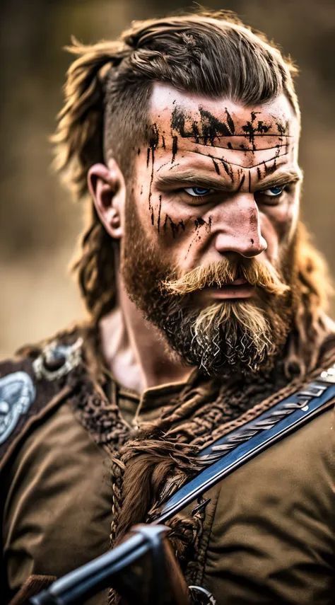 "(melhor qualidade)+ high resolution+ realista (berserker viking) + intense expression + cicatrizes de batalha + rugindo + muscu...