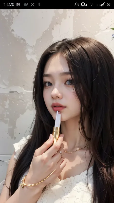 a close up of a woman holding a lipstick in her hand, popular south korean makeup, blackpink jennie, popular korean makeup, with very thin lips, perfect face model, flawless face, small plump lips, the face of absurdly beautiful, beautiful aesthetic face, ...