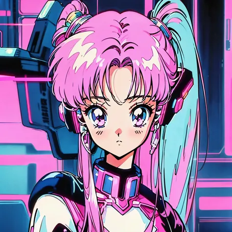 (vintage 90s:1.1),(romance anime style:1.3),cyber punk,Cyber,girl,pink