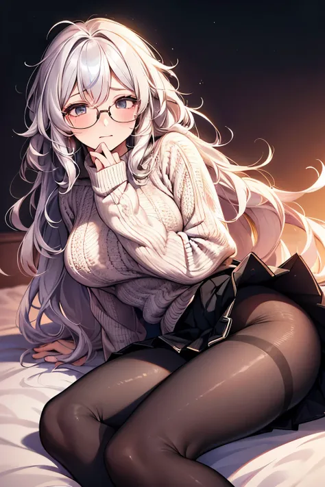 best quality, 32k, RAW photo, incredibly absurdres, extremely detailed, delicate texture, cute woman, glasses, two side up messy wavy hair, wearing fluffy long-pile knit sweater, fluffy skirt, skirt lift, pantyhose, fluffy long boots, amorous and lewd expr...