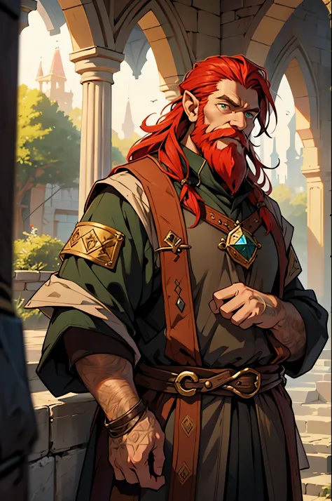 dnd, Middle Ages, fantasy, dwarf , Height 110 centimeters , Green eyes , Wizard , Dressed like a merchant , Wizard , 60 years, red beard, elderly, Red hair