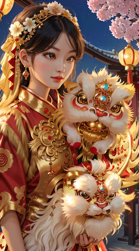 (best picture quality, 16k,8k, high quality, masterpiece :1.2), super detailed, (actual, actual, actual :1.37), in the new year festival, Traditional lion dance performance, (Girl holding red gold thread hydrangea:1.3), Lion dance is powerful, Constant fli...