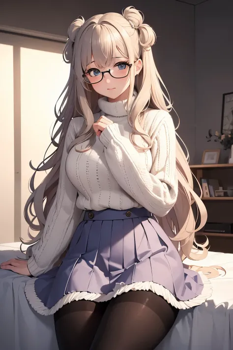 best quality, 32k, RAW photo, incredibly absurdres, extremely detailed, delicate texture, cute woman, glasses, two side up messy wavy hair, wearing fluffy long-pile knit sweater, fluffy skirt, skirt lift, pantyhose, fluffy long boots, amorous and lewd expr...