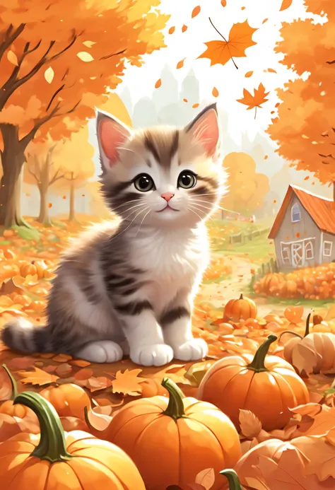 A cute kitten exploring a cozy autumn scene, surrounded by falling leaves, acorns, and a pumpkin patch., thick lines, low detail, 