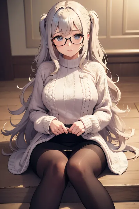 best quality, 32k, RAW photo, incredibly absurdres, extremely detailed, delicate texture, cute woman, glasses, two side up messy wavy hair, wearing fluffy long-pile knit sweater, fluffy skirt, skirt lift, pantyhose, fluffy long boots, amorous and lewd expr...