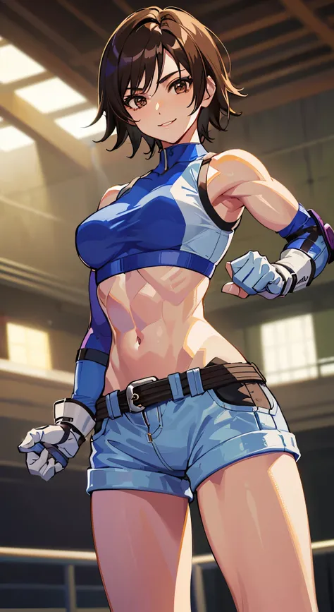 "(masterpiece、premium quality:1.2)、alone、1 girl(Asuka Kazama、muscular woman、short brown hair、white skin、brown eyes)、cowboy shot、smile、put your hand on your waist、tight clothes、sports bra、crop top、shorts、(gloves:1.1)、internal、elbow pad、trained abdominal mus...
